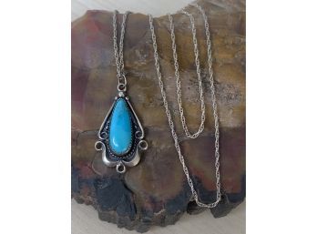 Signed BELL Sterling Silver And Turquoise Teardrop Pendant And Necklace, Marked Sterling