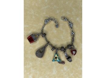 Beautiful BRIGHTON Silver Plated Heart Slide Charm Bracelet With Enamel Charms And Spacers, Adjustable Size