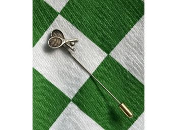 Crossed Tennis Racquets And Tennis Ball Stick Pin - Sterling Silver, For Hat Or Lapel, With Safety Cover