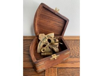 Vintage Brass Sextant, Nautical And Celestial Navigational Tool, With Wooden Hinged Box, Anchor Emblem